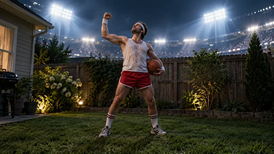 Fictional basketball athlete under dramatic arena lights