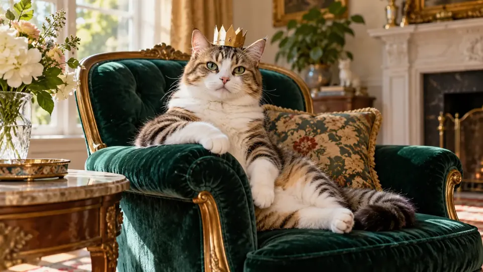 A pet royalty fantasy scene illustrating the opening of a Perdon reveal